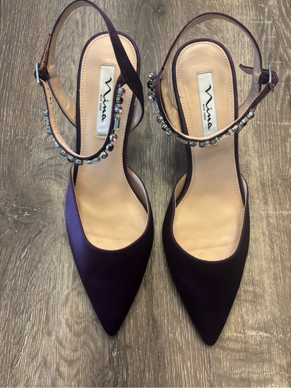 Nina Deep Purple Satin Pointed Toe Slingback Heels with Crystal Embellishment